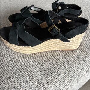 Toms Black Suede Espadrille Wedge Sandals with Jute Platform